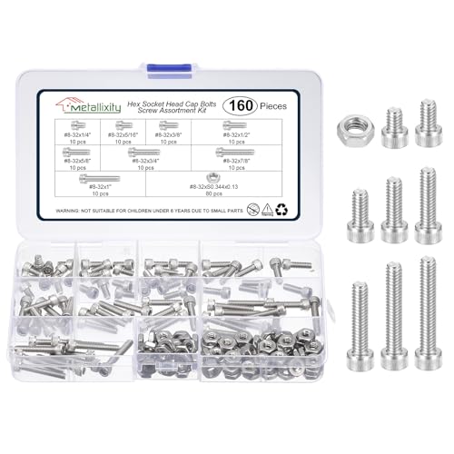 METALLIXITY Socket Head Cap Screw Kit 160Pcs 304 Stainless Steel #8-32x1/4",5/16',3/8",1/2",5/8" 160