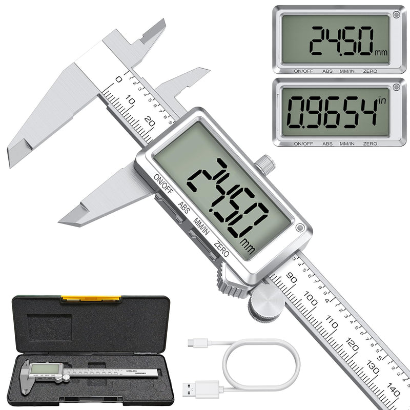 HDLNKAK 6”/150mm Rechargeable Digital Caliper, Inch/MM Conversion Caliper Measuring Tool with Large LCD Screen, Stainless Steel Caliper Tool for DIY/Household/3D-printing. White
