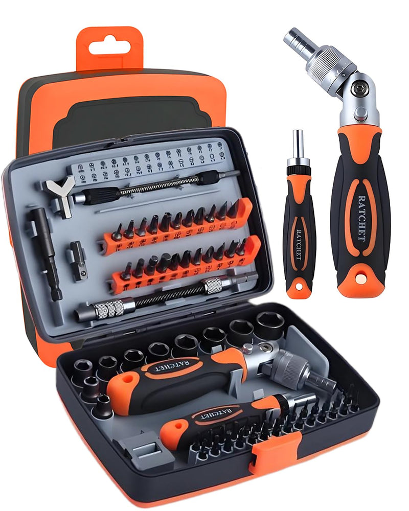 Ratcheting Screwdriver Set, 68 in 1 Socket Set & Magnetic Screwdriver Bit Set with Rotatable Ratchet Handles, Extensions Bar and Storage Case for Phone, Computer, Bike, Car, Electronics Maintenance 68 PCS Orange