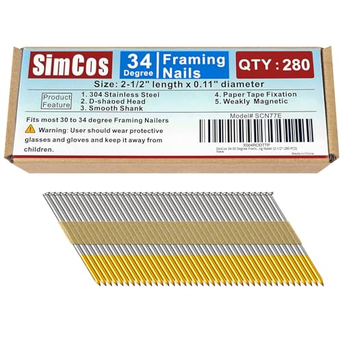 34-30 Degree 2-1/2 Inch Smooth Shank Paper Framing Nails,280-Pack 2-1/2 inch--280 pcs