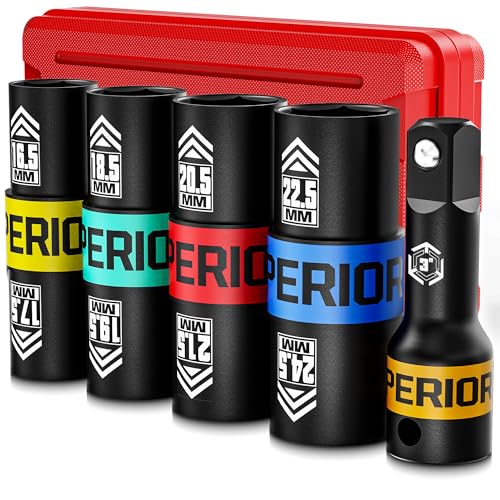 1/2" Drive Lug Nut Socket Set, 16.5-24.5 mm Flip Socket Set, 5 Pcs Thin Wall Nut Sockets with 3" Extension Bar, Remove Bloated Warped, Damaged Lug Nuts 5PCS：16.5MM-24.5MM