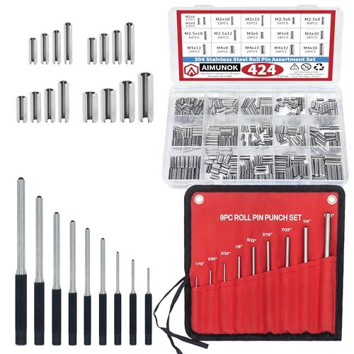 424-Piece Stainless Steel Roll Pin Kit（14 Types, and 9pcs Roll Pin Punch Set for Machinery, Automotive & DIY Repairs
