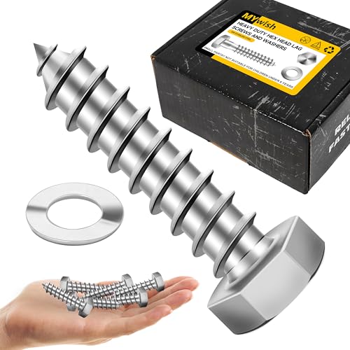 Mywish (50Sets) 3/8" x 1-1/2" Lag Bolts, 304 Stainless Steel 3/8 inch Lag Screws Bolts for Wood, Heavy Duty Hex Head with Flat Washers Bolt Kit, Bright Finish 3/8 x 1-1/2"