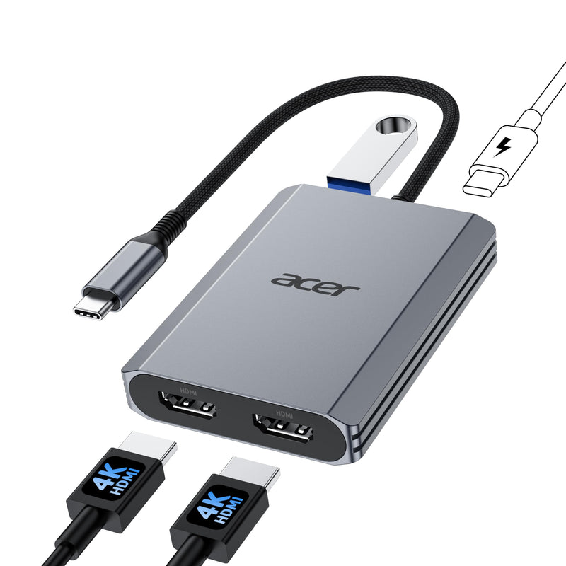 Acer USB C to Dual HDMI Adapter 4K@60Hz, 4-in-1 USB C Hub Multiport Adapter with 100W PD, USB 3.0, Docking Station Dual Monitor, Compatible with Acer, MacBook Air/Pro, Dell XPS, HP, etc