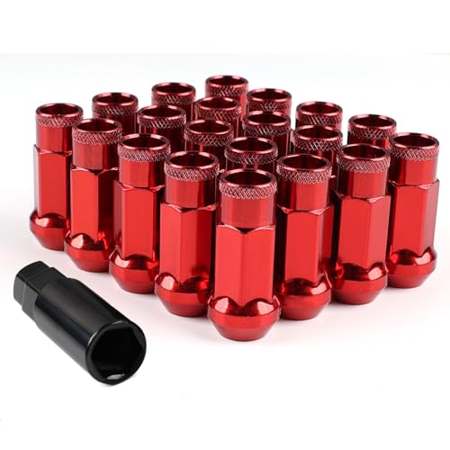 M12x1.5 Open End Lug Wheel Nut Set – 20 PCS Tapered Acorn Seat Wheel Nuts with Socket Key, Compatible with Toyota, Honda, Chevy, Ford, Hyundai, Lexus (Red M12 x P1.5) 12*1.5 Red
