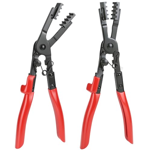 QWORK 2Pcs Multi-Angle Hose Clamp Plier Set, Heavy Duty Locking Hose Clamp Tool for Automotive Fuel Coolant Oil Pipe, Reinforced Carbon Steel Spring Button Pliers for Rusted Aging Clamps