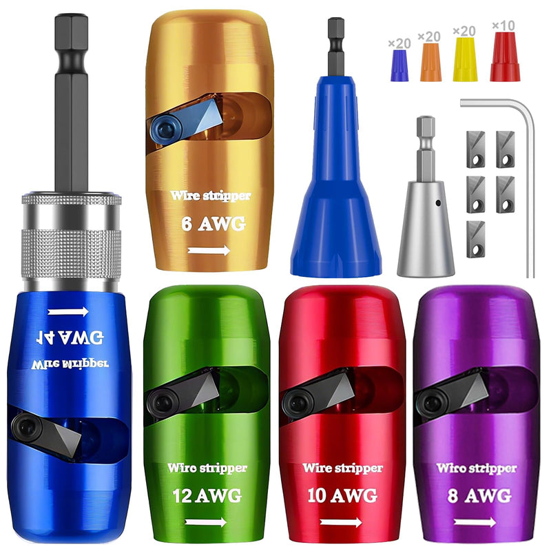 Wire Stripper Twister Tool for Drill,2025 Upgraded Wire Stripping Tool & Wire Twisting Connector for Cutters 6-14 AWG,8 In 1 Professional Electrician Twister Stripping with 70 PCS Wire Nut 5 PCS Blade