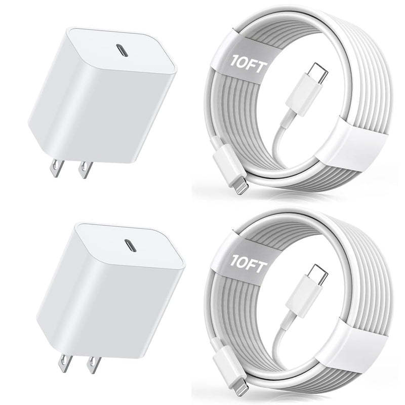 Extra Long 10FT Apple Fast Charger,[Apple MFi Certified]2Pack Fast iPhone Charger Travel Plug Adapter 20W Super Quick USB C Wall Block 10Foot Lightning Cable Cord for iPhone 14/13/12/11/8/X/XR/SE/iPad 2Pack(10FT C-L) 2