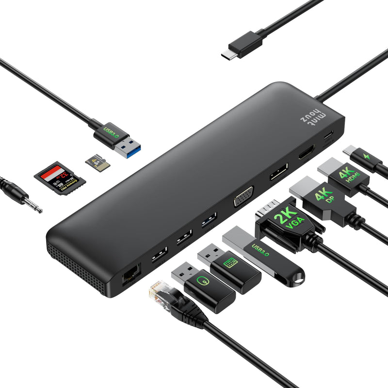 USB C Docking Station Minthouz 12-in-1 Docking Station 3 Monitors, USB Hub with DisplayPort/HDMI/VGA, PD, USB 2.0/3.0, Gigabit Ethernet, SD/TF, Audio Jack USB C Dock for Windows & Mac