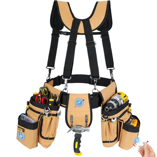 LEFOR·Z Tool Belt with Suspenders,27-Pockets Heavy Duty Tool Belts for Men Brown/Black