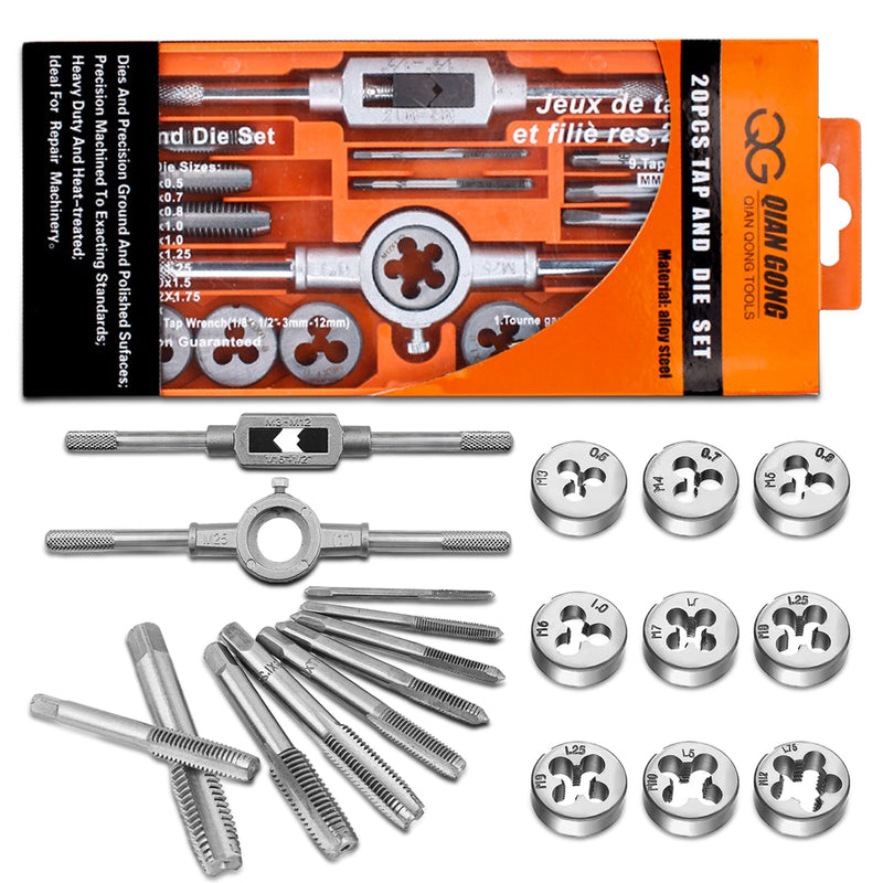 20 Piece Tap and Die Set, Alloy Steel Thread Cutting Set, M3-M12, Tap and Die Set with Tap Accessories for Repairing External and Internal Threads