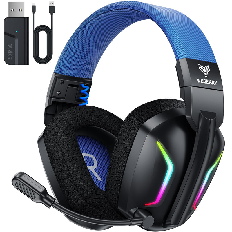 Wireless Gaming Headsets for PC, PS5, PS4, Switch, Mac, 2.4GHz Wireless Gaming Headphone for Game Boy Accessories, ENC Noise Canceling Microphone, Bluetooth 5.4, Cool Lighting, 50H Battery Radiant Blue Pro-Wireless