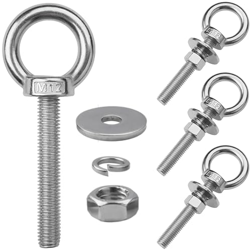 4 Pack M12 Stainless Steel Eye Bolts with Nuts, 1/2" x 3" Eye Bolts M12x77mm (1/2"x3") 4