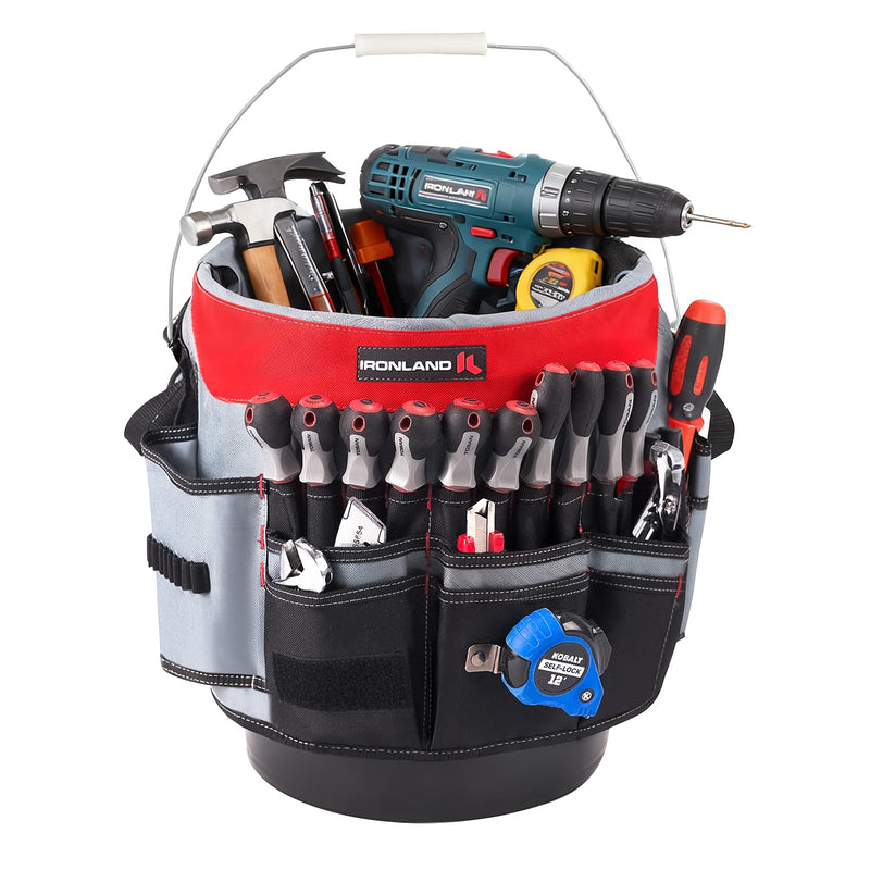 IRONLAND Bucket Tool Organizer Fit 3.5-5 Gallon Bucket, 64 Pockets, Bucket Tool Caddy Organization for Garden, Construction, Carpenter, Electrician, Builder red Medium - 64 Pockets