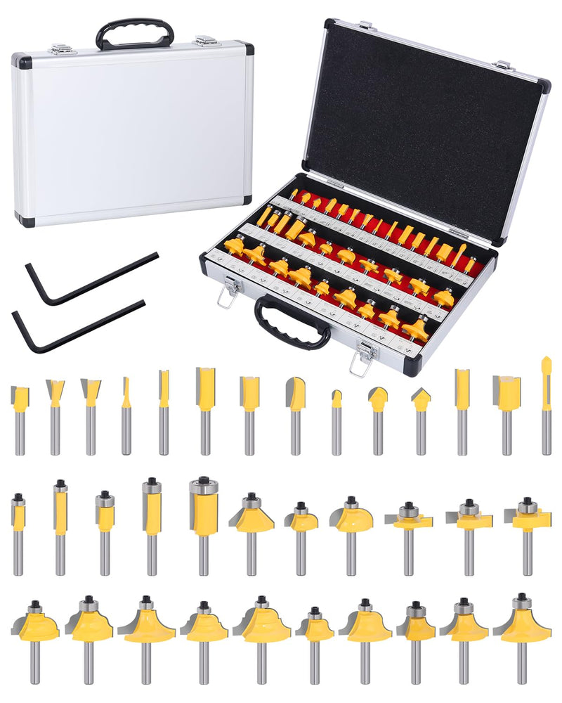 35 Pieces Router Bit Set, 1/4 Inch Shank Router Bits with Aluminum Storage Case, Tungsten Carbide Router Bits Kit for Professional Woodworking, DIY 35 pc