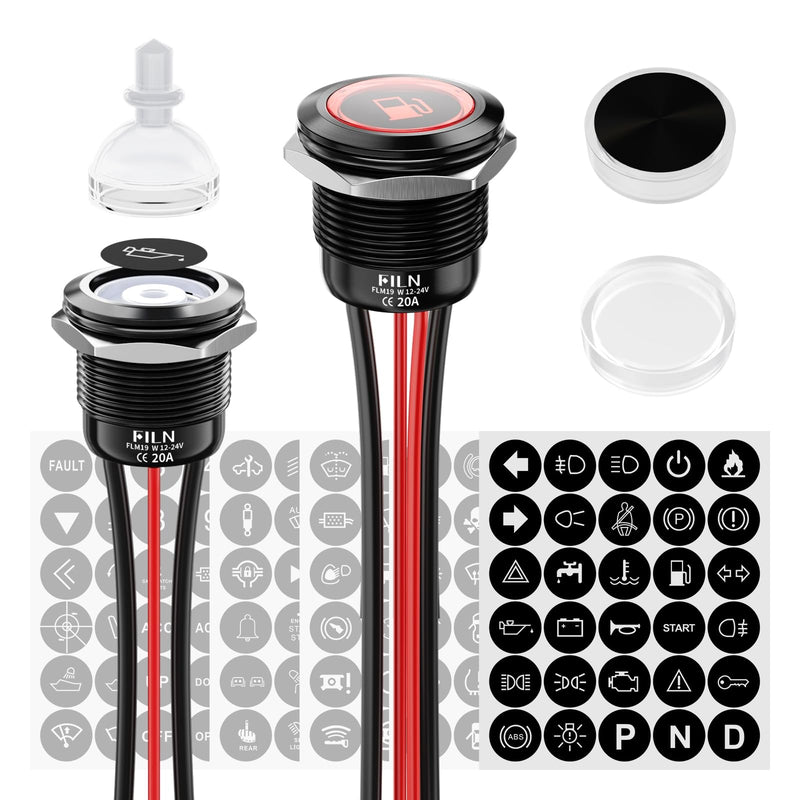 1NO1NC Waterproof 19 mm Switch Push Button 12V-24V Red LED Pack of 2 | Metal pre-wired with cable IP67 pressure switch with 185 interchangeable symbols for car, boat, industry Sperrtaster 19mm