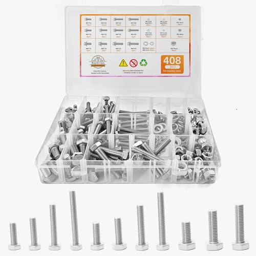 304 Stainless Steel (A2-70) Metric Bolt & Nut Assortment Kit - 408pcs M5/M6/M8 Hex Bolts, Nuts & Washers Set - Fully Threaded 18-8 Stainless Steel Hardware Kit 408 pieces M5/M6/M8