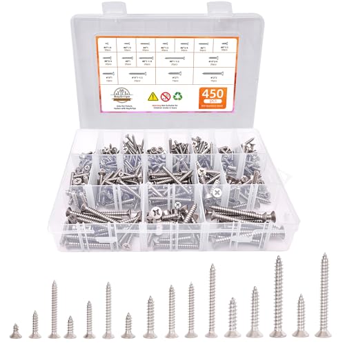 450-Piece Stainless Steel Wood & Sheet Metal Screw Assortment – #4 to #12 Phillips Flat Head Self-Tapping Screws (1/4" to 2") 450PCS Silver