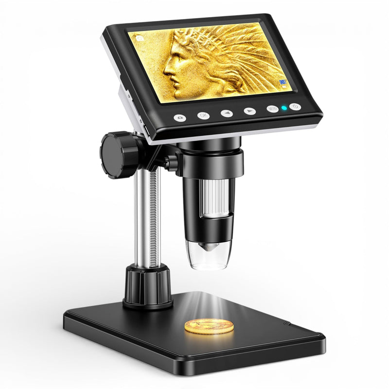 4.3 Inch LCD Digital Coin Microscope, 1000X USB Magnifier with 8 Adjustable LED Lights for Coin Inspection, Electronics Repair, Soldering, Windows/Mac Compatible, 1080P