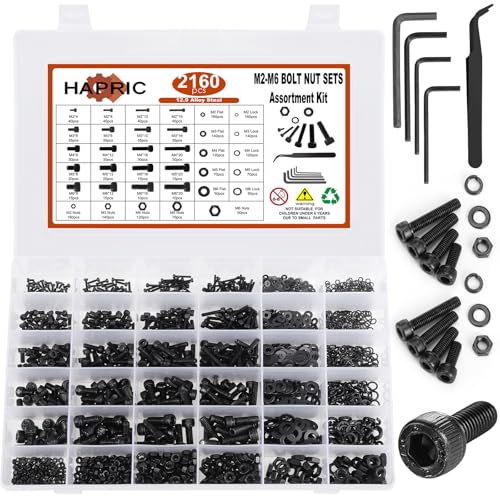 Hapric 2160 Pcs Metric Screw Assortment M2 M3 M4 M5 M6 Nuts and Bolt Kit Black M2-M6 Screw Assortment 2160Pcs