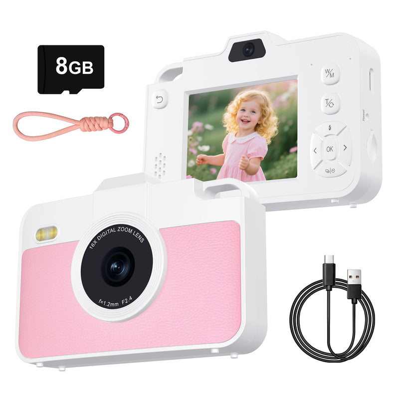 Digital Camera for Kids, 1080P Kids Camera with 16X Zoom, Point and Shoot Digital Camera with Dual Lens, Toddler Camera for Boys Girls, Best Chritmas Birthday Gift Toys for Kid, 8GB TF Card, Blush