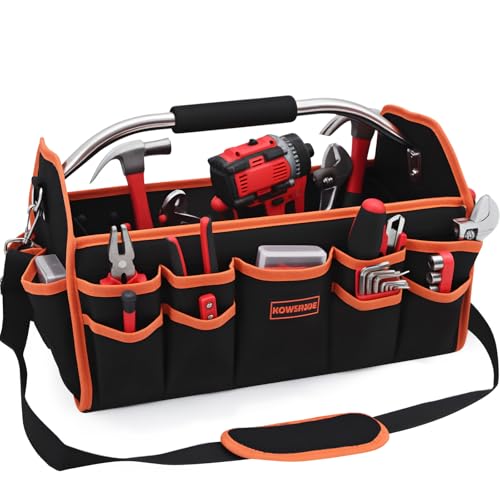 Kowsinde 18 Inch Tool Bag, Electrician Tool Bag, Open Top Tool Bags, 26 Pockets Can Hold Many Tools, Steel Handle and Removable Shoulder Strap Orange