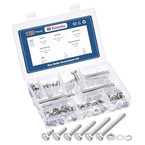 120Pcs Hex Head Screw Nut Washer Kit-5/16 304 SS Silver Tone 5/16"x3/4",1",1-1/2",2",2-1/2",3" 120
