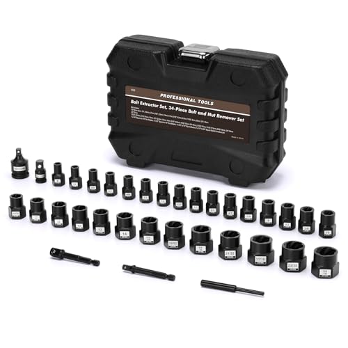 34PCS Impact Bolt Extractor Kit, Bolt & Nut Remover Socket Tool Kit, 6mm to 10mm, 13/32" to 3/4", CR-MO, Stripped Bolt Extractor for Damaged Screws and Bolts