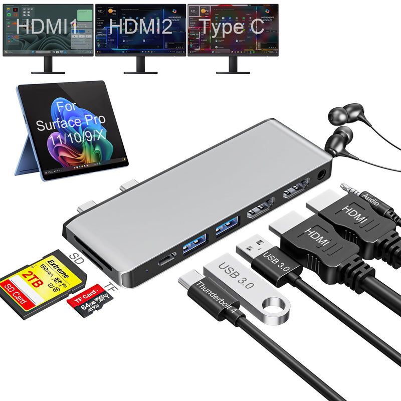Surface Pro 9/10/11/X Docking Station, Quad Display Surface pro 11 USB Hub with Dual 4K@60Hz HDMI, USB-C (4K@60Hz Video+40Gbps Data+100W Charge), 2 USB3.0, SD/TF, 3.5mm Mic for Surface Pro 11/10/9/X For Surface Pro 9/10/11/X