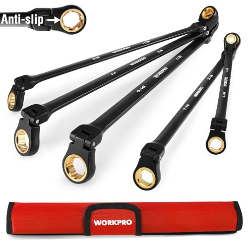 WORKPRO Extra Long Flex-Head Ratcheting Wrench Set, 5-piece Anti-Slip Double Box Wrench Set, SAE 1/4-13/16", 72-Teeth, Cr-V Steel and Black Electrophoretic Coating Wrenches with Rolling Pouch