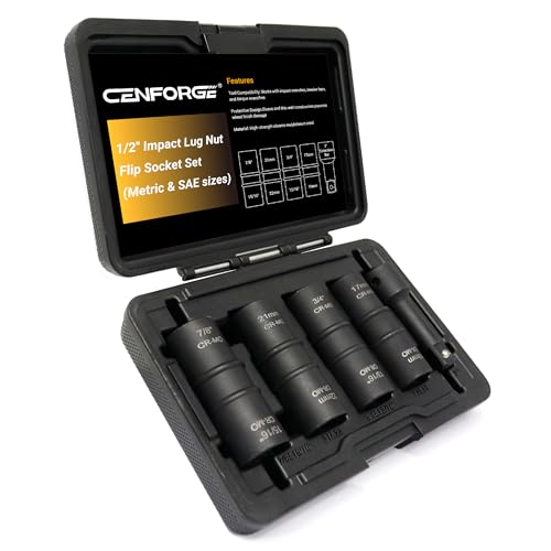 Lug Nut Socket Set, 5pc 1/2" Drive Impact Flip Socket Set with Metric 17 19 21 22 mm & SAE 3/4 13/16 7/8 15/16 in. Sockets, Double Ended Thin Wall Nut Sockets with 3" Extension Bar Flip, 17 19 21 22 mm & 3/4 13/16 7/8 15/16 in.