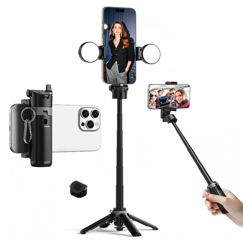 Phone Tripod, Selfie Stick with Light, 3-in-1 Mini Tripod with Wireless Detachable Remote Control & 2 Fill Light, Portable Travel Tripods for Vlog Photography Livestreaming Video Recording