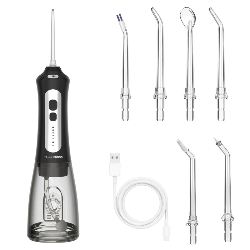 BarberBoss Wireless Oral Irrigator for Teeth and Gums, Rechargeable Oral Irrigator, 5 Cleaning Modes, 6 Nozzles and LED Display, IPX7 Waterproof Dental Floss Set (Black)