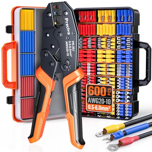 Preciva Crimping Tool with 490PCS Insulated Terminals and 110 Heat Shrink Tubes, AWG 20-10 Ratchet Crimping Pliers with Storage Case for Car, Electric