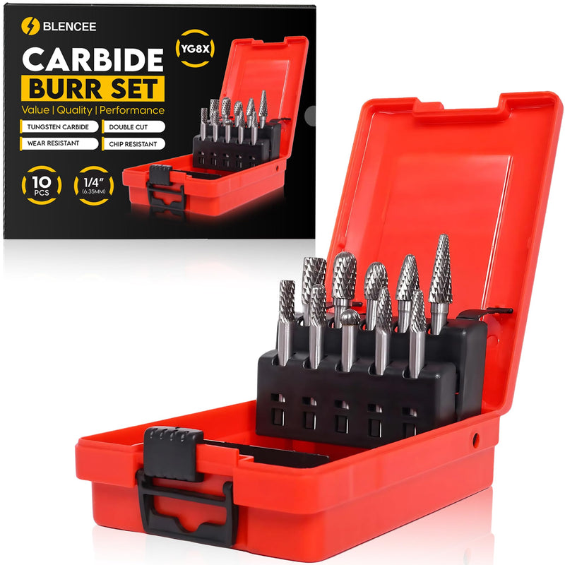 10Pcs Tungsten Carbide Burr Set 6.35mm - 1/4" Shank Double Cut Die Grinder Bits Cutting Burrs - Metal, Steel - Rotary Tools Rasp Accessories - Deburring, Engraving, Grinding, Carving, Porting 10pcs - 6.35mm