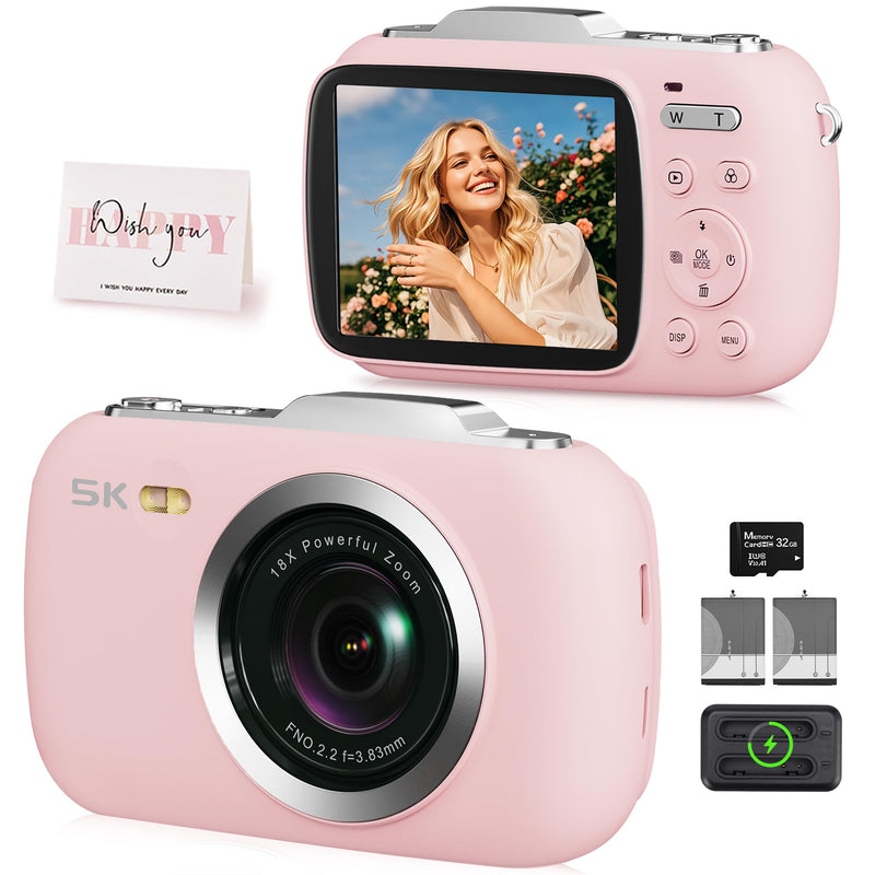Digital Camera, 5K Vlogging Camera for Photography, 80MP Autofocus Point and Shoot Digital Camera for Beginner Teens Kids, 18X Zoom Portable Compact Travel Camera, Flash, 32GB Card & 2 Batteries(Pink)