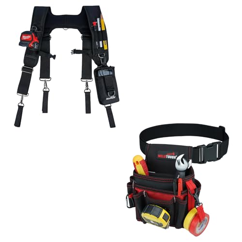 MELOTOUGH Tool Belt Suspenders Construction Bag Suspenders Padded Work belt Suspenders + Electrician Tool Pouch with Belt Clip, 2 Inch Heavy Duty Work Belt Set for Men