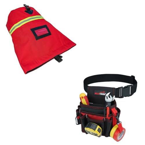 MELOTOUGH Firefighter Bag Fireman SCBA Air Respirator Storage Bag (Red) + Electrician Tool Pouch with Belt Clip, 2 Inch Heavy Duty Work Belt Set for Men
