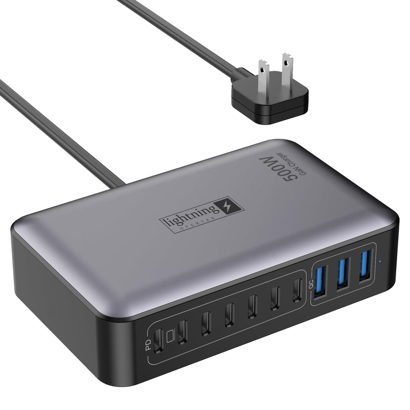 500W USB C Charger Block, 10-Port Charging Station, GaN PD 140W Type C Fast Charger Hub for MacBook Pro/Air, DELL, iPad, iPhone, Samsung Galaxy, Low Profile Flat Plug Charger Block Black