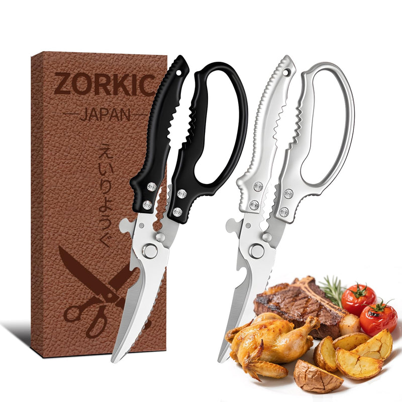 Heavy Duty Poultry Shears, Japan Kitchen Shears with Non-Slip Handle & Safety Lock, All Purpose Kitchen Scissors for Chicken, Meat Cutting, Turkey, Fish, Vegetables, Spring Loaded, Dishwasher Safe Silver&black 2-Pack