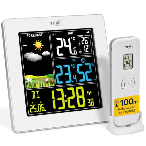 TFA Dostmann SUN2 35.1174 Digital Wireless Weather Station with Outdoor Sensor for Indoor and Outdoor Temperature, Large Color Display, with Living Climate, Includes Radio-Controlled Clock with Date, Hygrometer, with Power Adapter, White