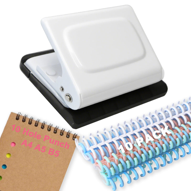 10 Hole Punch Binding Machine for Planner, Manual Binding System with 10 Multi-Color Binder Rings for Making 26 Holes on B5, 30 Holes on A4, 20 Holes on A5 Book, 10 Sheet Capacity - White