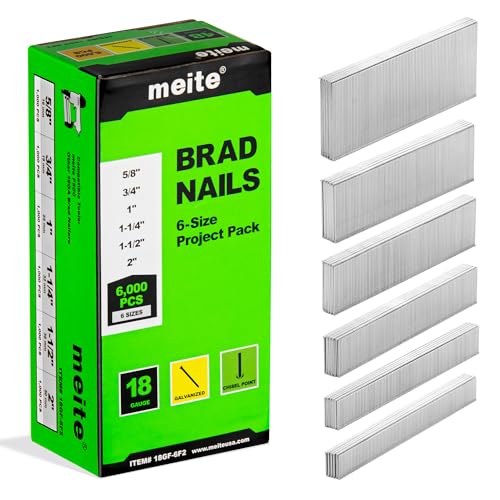 meite 18 Gauge Brad Nails, 6 Sizes (5/8",3/4",1",1-1/4",1-1/2",2") 6,000Pcs 6-Size Pack (6,000 Pcs) 1 box