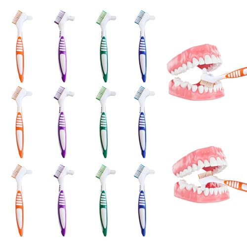 Denture Toothbrush, Pack of 12, Toothbrush for Dentures with Double-Sided | Hard multi-layer bristles, ergonomic non-slip handle, denture cleaner in 4 colors - single tufted toothbrush