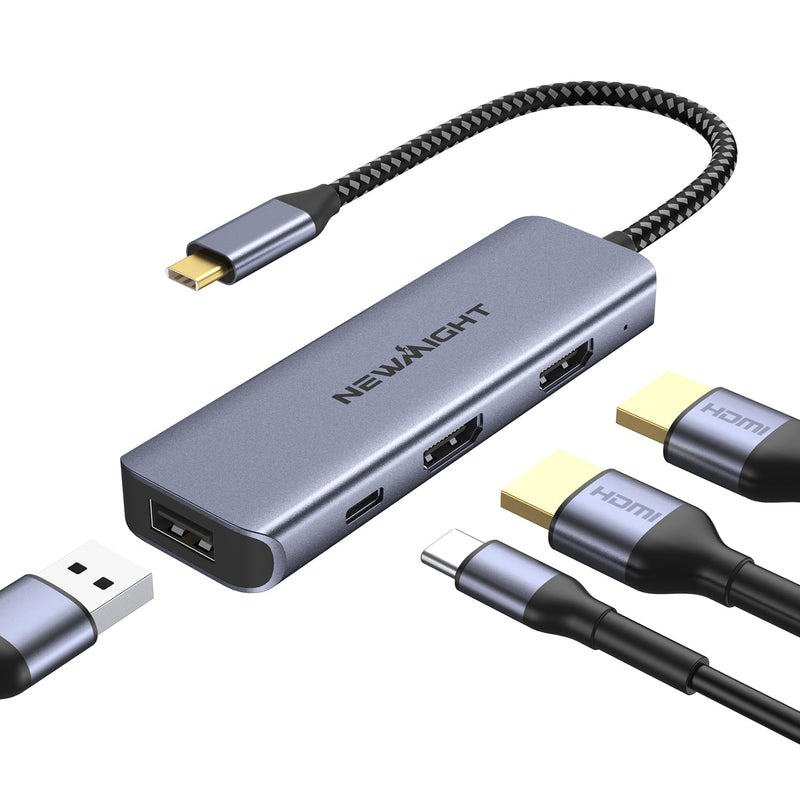 USB C Dual HDMI Adapter for 2 Monitors, Newmight 4-in-1 USB C to Dual Monitor HDMI Splitter, Supports Single 4K 60Hz and Dual 4K 30Hz, 100W PD, USB-A Port for MacBook, HP, Dell, iPhone 15/16 Series