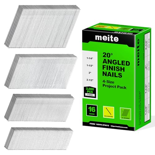 meite 16 Gauge Finish Nails 4 Sizes Assorted Set 20 Degree Angled 2,000PCS 1 Box