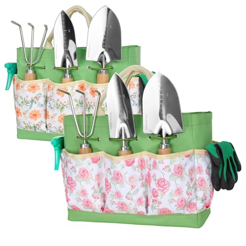 Garden Tool Set,10 Piece Garden Kit,Heavy Duty Stainless Steel Gardening Hand Tools with Durable Storage Tote,Gardening Gifts for Women Men Floral Pattern Design