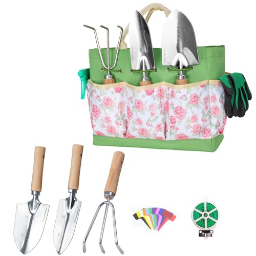 Garden Tool Set,10 Piece Garden Kit, and 3 Pieces Heavy Duty Stainless Steel Gardening Hand Tools,Gardening Gifts for Women Men Pink Floral Pattern Design