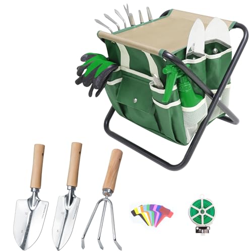Garden Tool Set, 10 Piece Kit with Heavy Duty Folding Stool, Detachable Storage Tote Bag, Stainless Steel Tools, Gifts for Women Men Green