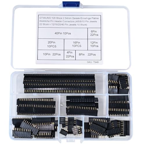 GTIWUNG Pack of 128 2.54 mm Straight Single Row Board Female Stackable Socket Strip Pin Header Connectors (4/6/8/10 Pin Each 22 Pieces + 12/16/20/40 Pin 10 Pieces)